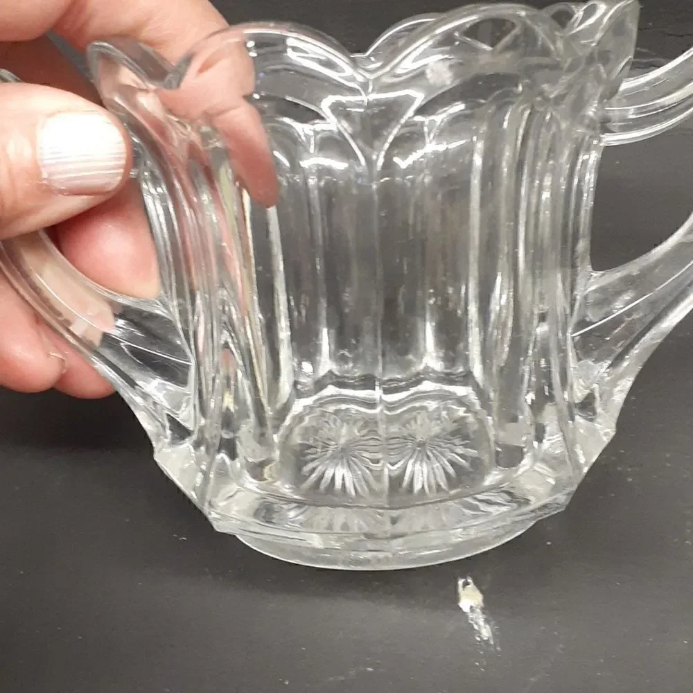 3 pc etched‎ floral crystal sugar/creamer, & sm. dish with bottom star design